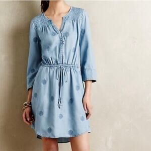 Anthropologie Holding Horses Blue Women Chambray Tunic Embroidered Dress Size XS